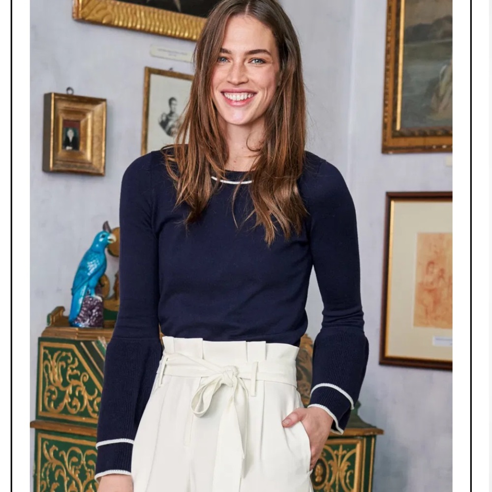 Boden Navy Long-Sleeve Knit Top with White Trim
